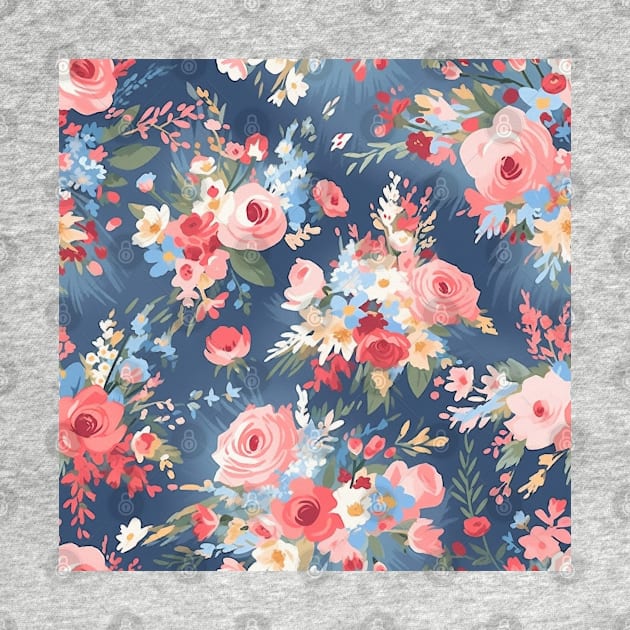 Shabby Chic Floral Flowers, Pretty Feminine Pattern on Blue Background by VintageFlorals